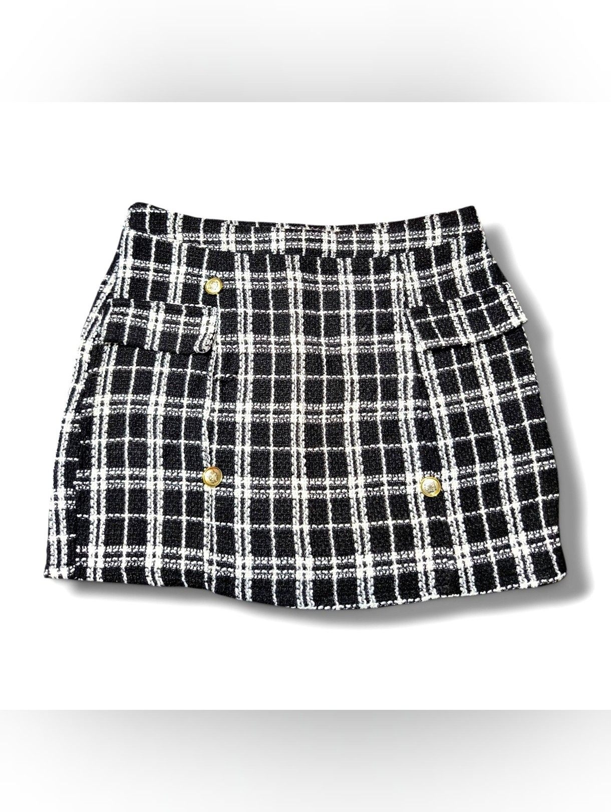 Womens Black White Tweed Plaud Mini Skirt With Gold Buttons Xl
